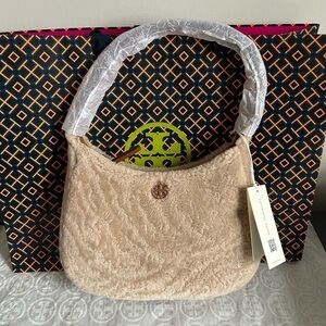 Tory Burch Emerson Shearling Shoulder Bag Fresh Wheat Gold Tan Brown Cream